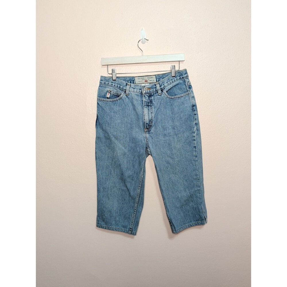 🔥 VTG 90s GUESS USA Denim Capris • Triangle Logo Size 32 - Picture 3 of 11
